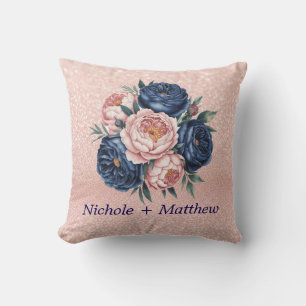 Coussin Floral bleu marine et or Rose