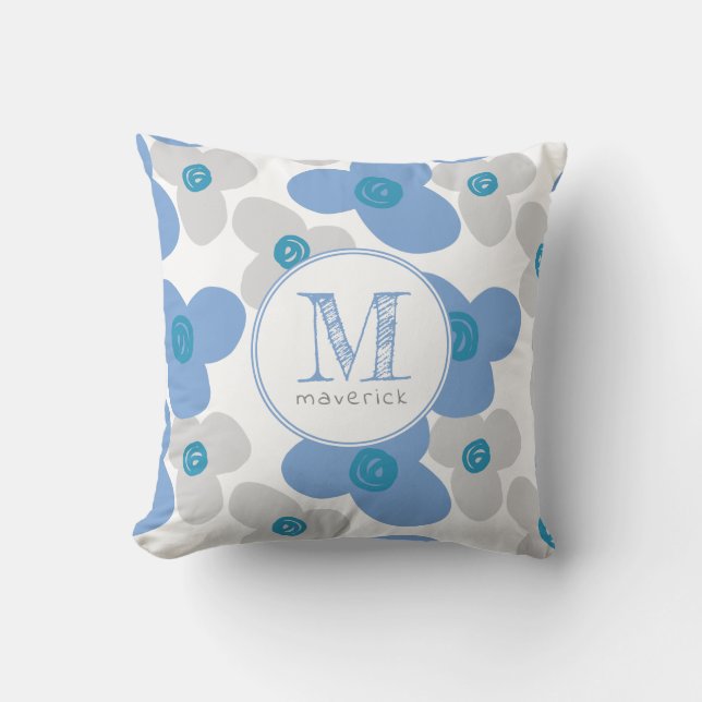 Coussin Floral Blue Grey Baby Adorable Simple Monogramme (Recto)