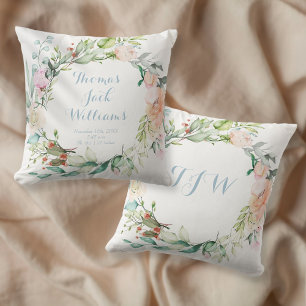 Coussin Floral Blue Monogramme Baby Birth Stats Nursery