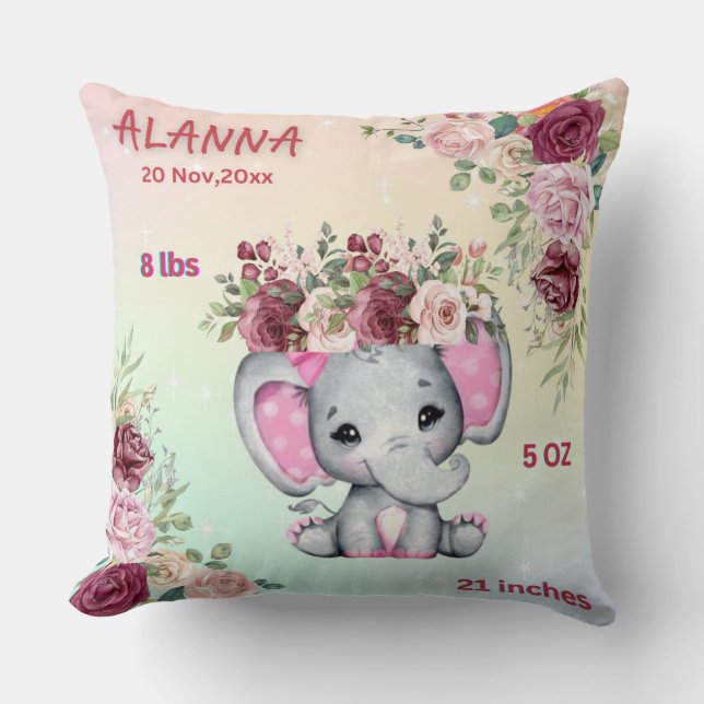 Coussin Floral Blush rose Elephant Bébé statistiques de na (Recto)