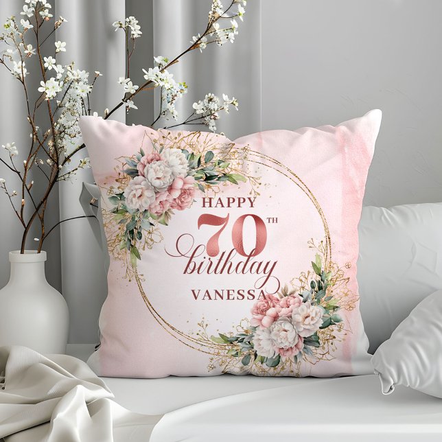 Coussin Floral Bohème Rose Pâle 70e Anniversaire  (Dusty Pink Bohemian Floral Pillow 70th Birthday Pillow)