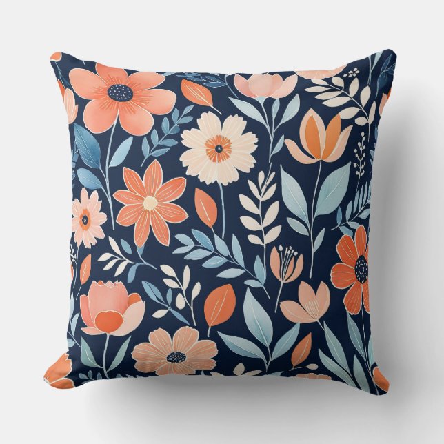 Coussin Floral boho bleu, blanc et orange (Recto)