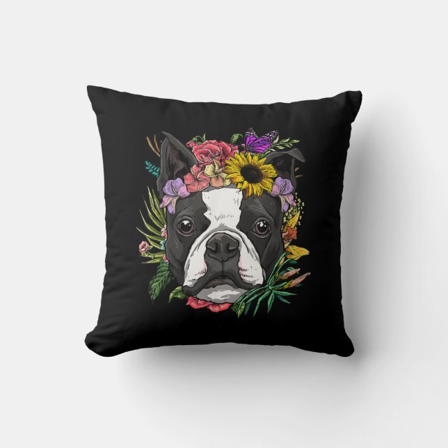 Coussin Floral Boston Terrier Chien Spring Amoureux de les (Recto)