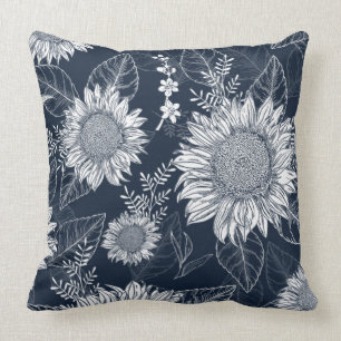 Coussin Floral Botanique Marine Bleu Tournesol Jeter Oreil