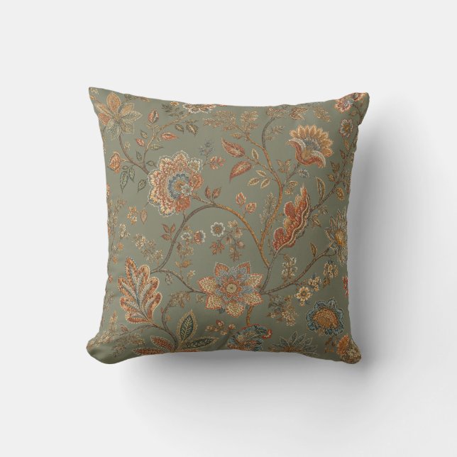 Coussin floral botanique vintage vert sauge  (Recto)