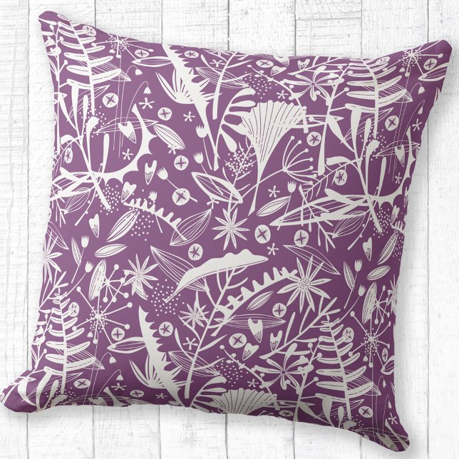 Coussin Floral Botanique violet (Botanical silhouette pattern purple throw pillow)
