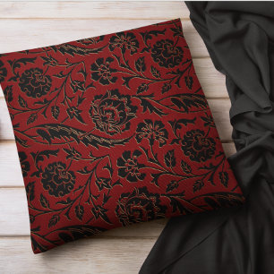 Coussin Floral Bourgogne Rouge Fleurs noires Bohème Damas