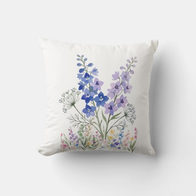 Coussin Floral Champêtre Bleu & Lavande – Fleurs D (Recto)