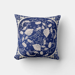 Coussin Floral chinois rond : Aquarelle bleue Vintage