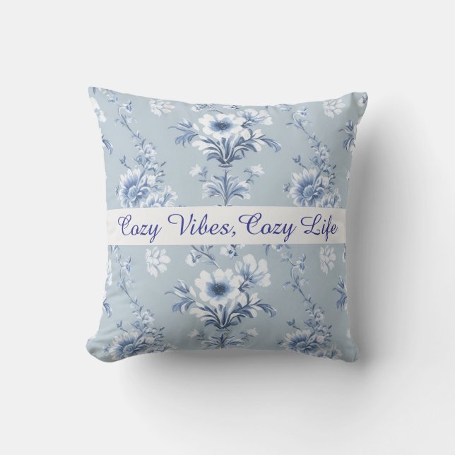 Coussin Floral Chinoiserie Bleu Toile avec texte personnal (Recto)