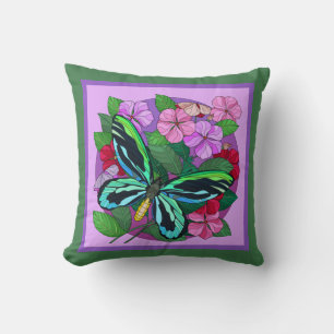 Coussin Floral coloré avec papillon; violet sur vert
