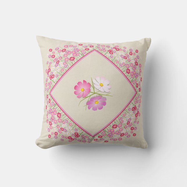 Coussin floral cosmos rose et blanc (Recto)