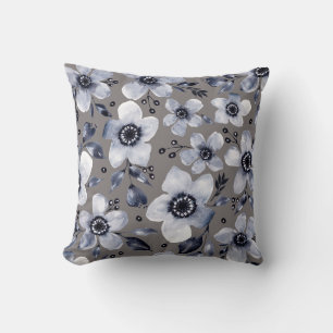 Coussin Floral d'anémones noirs, blancs et gris sur le bei