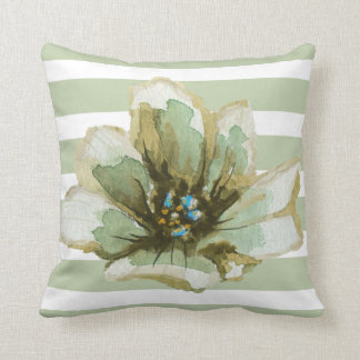 Coussin floral d'aquarelle rayée verte et grise