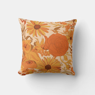 Coussin Floral d'automne chaud avec fleurs jaunes et orang
