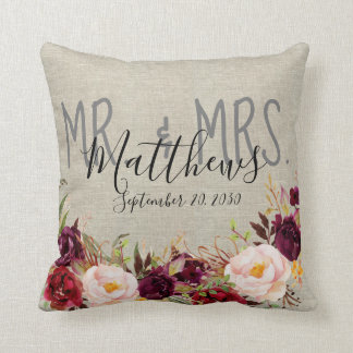 Coussin Floral de Bourgogne M. et Mme Mariage Keepsaké