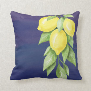 Coussin floral de citron jaune et bleu marine