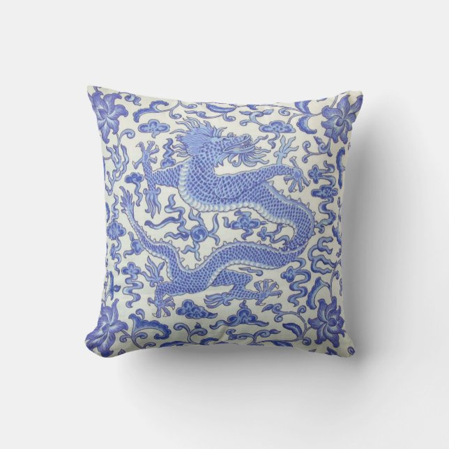 Coussin Floral de dragon oriental chinois bleu et blanc (Recto)