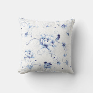 Coussin Floral de la Chinoisérie Rose aux oiseaux bleus