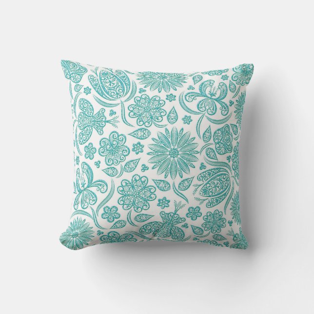 Coussin floral de motif d'Aqua turquoise de (Recto)