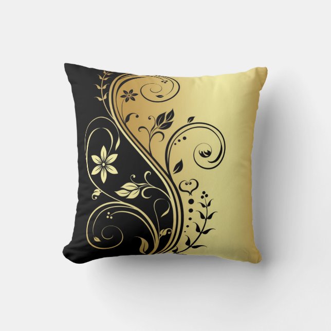 Coussin floral de noir de rouleau d'or élégant (Recto)