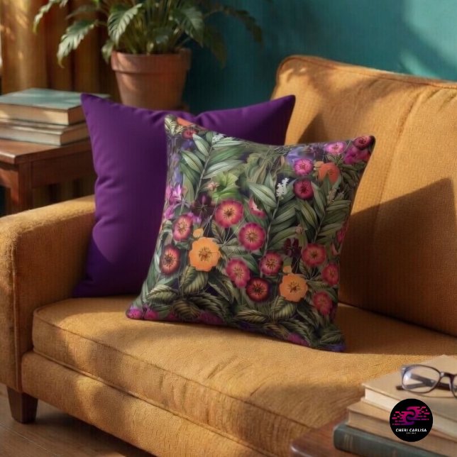Coussin Floral de prairie rose (Tropical florals. Island vibe up front. Purple on reset.)