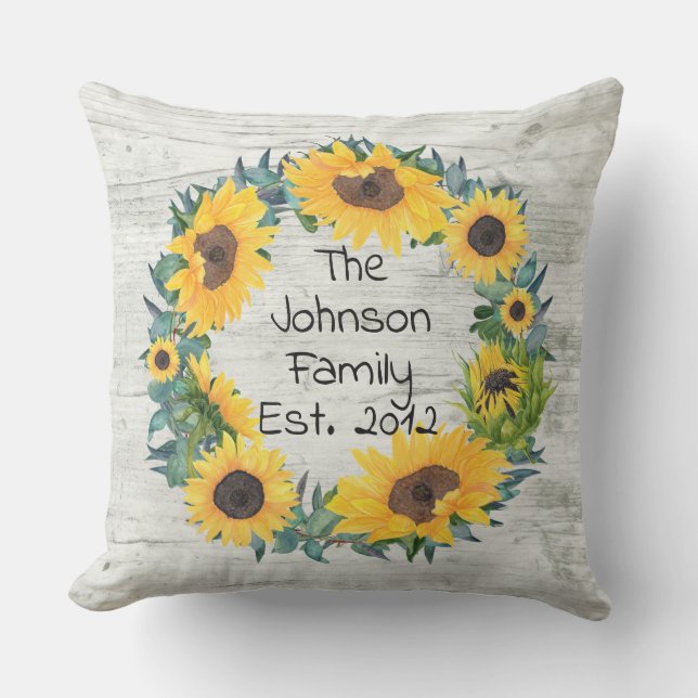 Coussin Floral de tournesol rustique Nom de famille person (Recto)