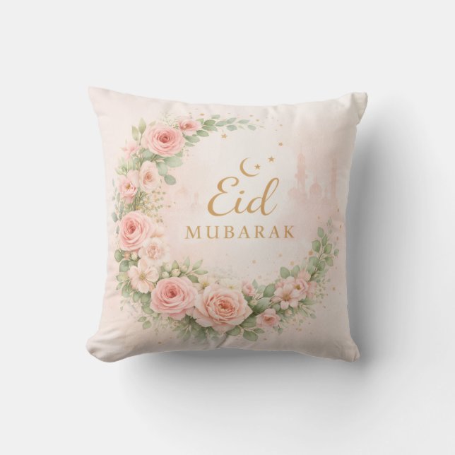 Coussin Floral Eid Mubarak – Cadeau Islamique Rose Pâle (Recto)