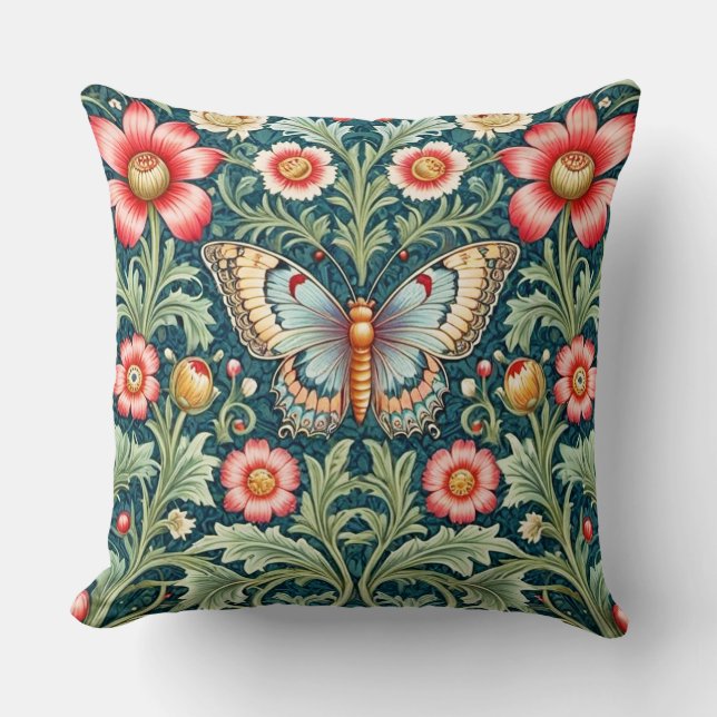 Coussin floral et papillon de style William Morris (Recto)