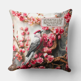 Coussin Floral Fleur De Cerisier Rose Avec Verse Oiseau &