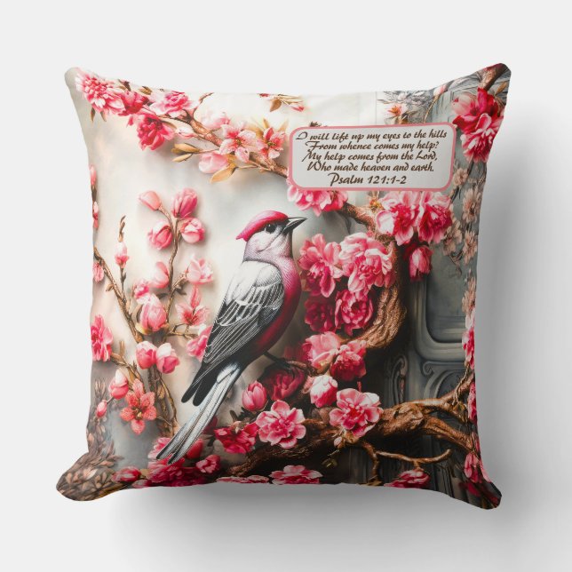 Coussin Floral Fleur De Cerisier Rose Avec Verse Oiseau &  (Recto)