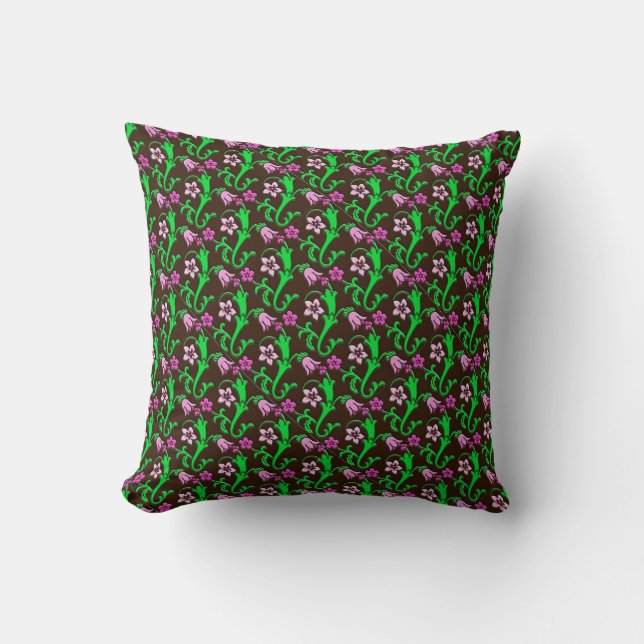 Coussin Floral jacobéen - rose, vert, chocolat (Recto)