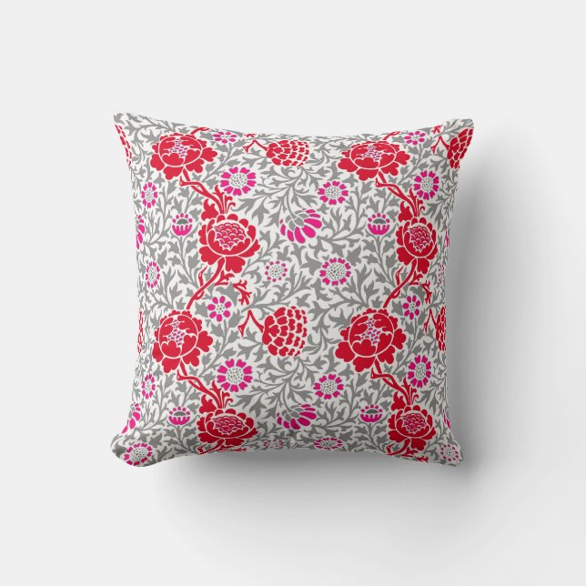 Coussin Floral jacobéen, rouge profond, rose et gris (Recto)