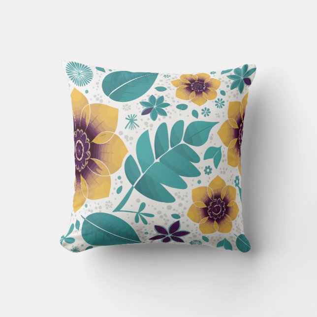 Coussin Floral jaune vif et Turquoise sur Arrière - plan b (Recto)