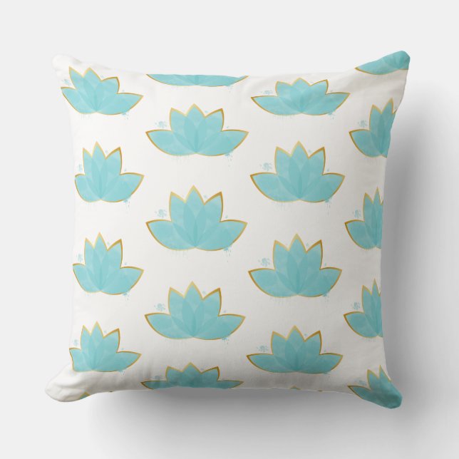 Coussin Floral Lotus Aquarelle Mer Bleu & Faux Or (Recto)