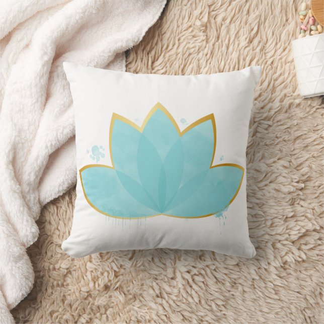 Coussin Floral Lotus Aquarelle Mer Bleu & Faux Or (Couverture)