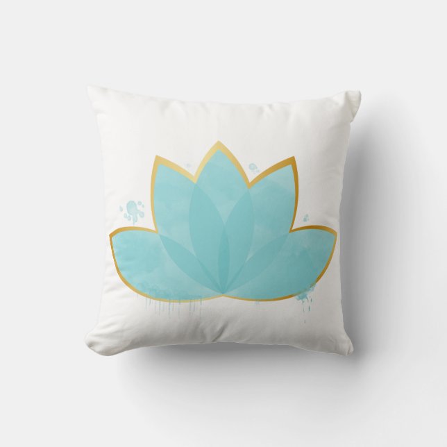 Coussin Floral Lotus Aquarelle Mer Bleu & Faux Or (Recto)