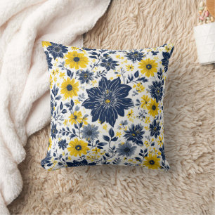 Coussin Floral marine, jaune et gris