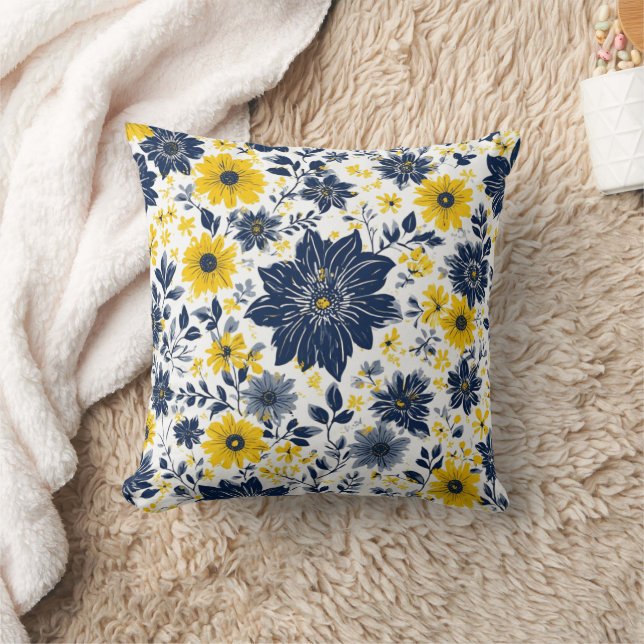 Coussin Floral marine, jaune et gris (Couverture)