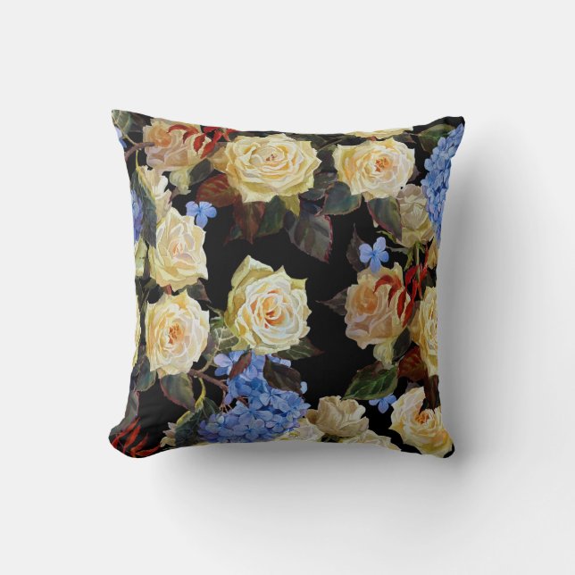 Coussin Floral motif moderne, roses blanches, hydrangée bl (Recto)