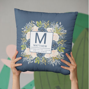 Coussin Floral Navy Blue Birth Stats Nouveau-né bébé
