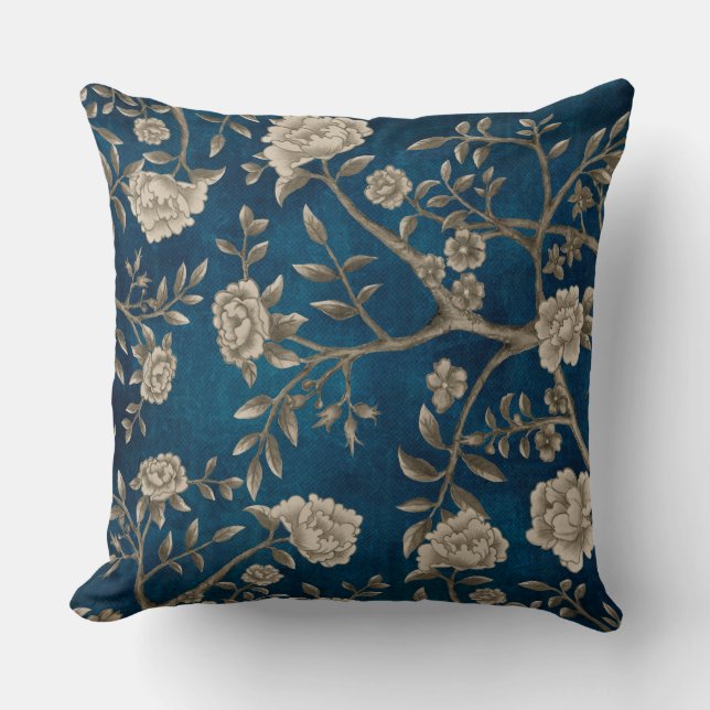Coussin Floral Navy Blue Chinoiserie Bird and Peonies (Recto)