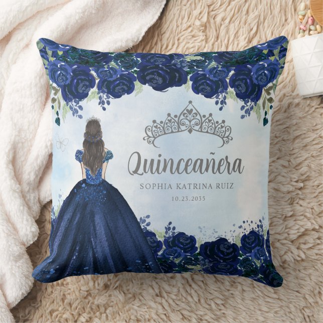 Coussin Floral Navy Blue Grey Princess Tiara Quinceanera (Couverture)