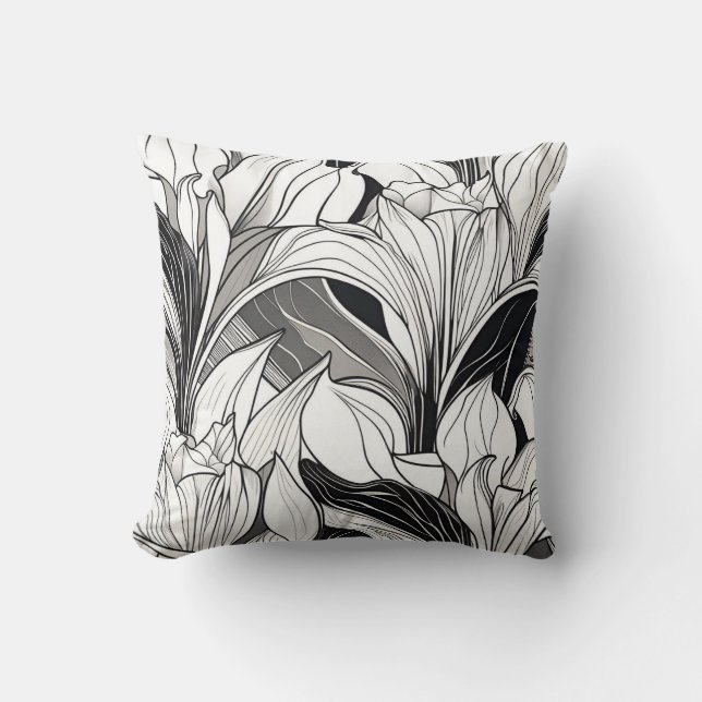 Coussin floral noir et blanc Art déco (Recto)