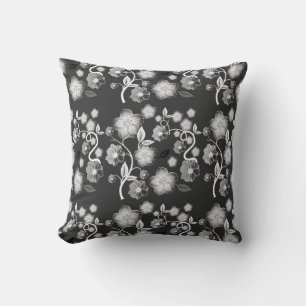 Coussin floral noir, gris et blanc