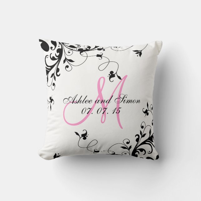 Coussin floral noir rose de souvenir de mariage (Recto)