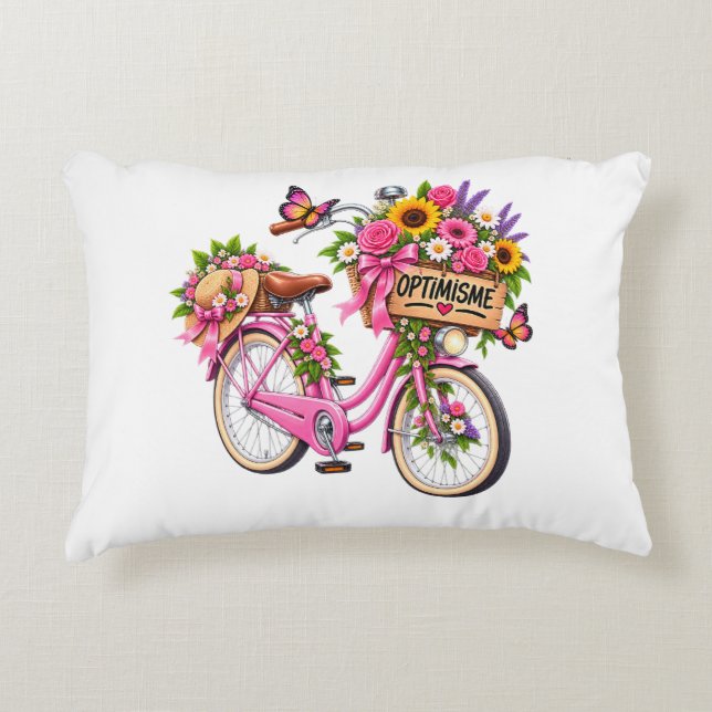 Coussin Floral « Optimisme » – Vélo Rose Fleuri et (Devant)