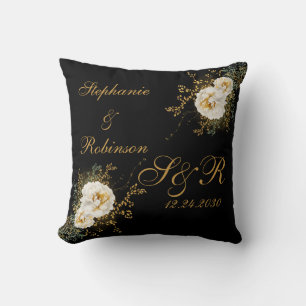 Coussin Floral Or sur le Mariage de logo Monogramme noir