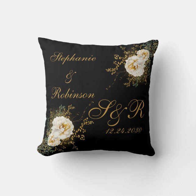 Coussin Floral Or sur le Mariage de logo Monogramme noir (Recto)