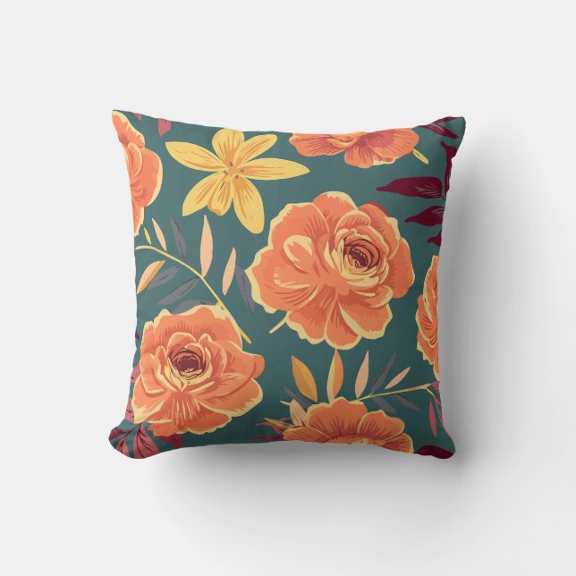 Coussin Floral orange et jaune vif sur Arrière - plan vert (Recto)